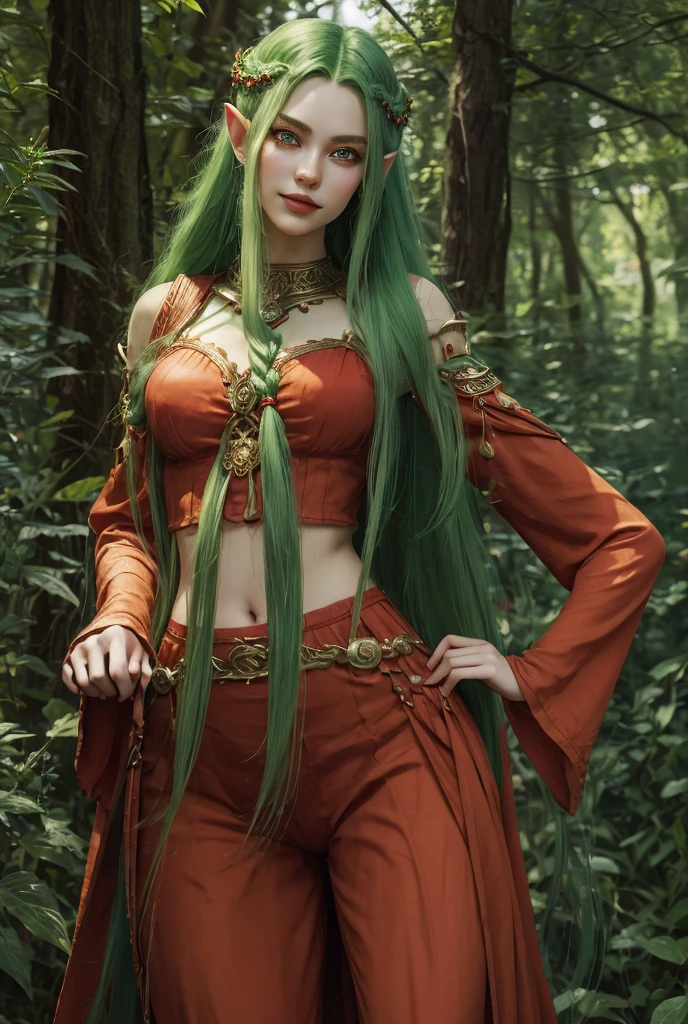masterpiece, fulllength, perfect body, perfect face, green hair, red clothing, long braided hair, fantasy character, druid, wood elf, perfect breasts, thighs, midriff, green eyes, magical, smiling, magical,