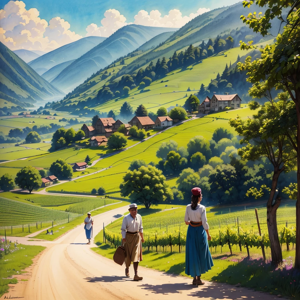 watercolor drawing in Retro-Look, a transilvanian village in the valley, full body view, rural saxones man and woman work in Vineyard on hill, Andrew Loomis style, Masterpiece work of art, highly detailed linework reminiscent of Carne Griffiths, imbued with Wadim Kashim's bold color and texture, light and airy as Carl Larsson's compositions, featuring Pascal Blanche-style hyper-realistic characte