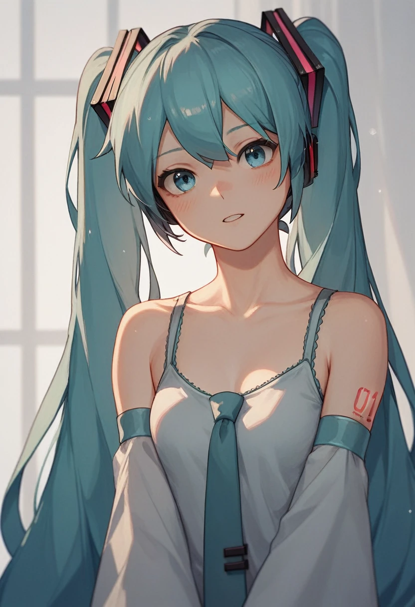 Hatsune Miku, light blue hair, light blue eyes, two hair ties