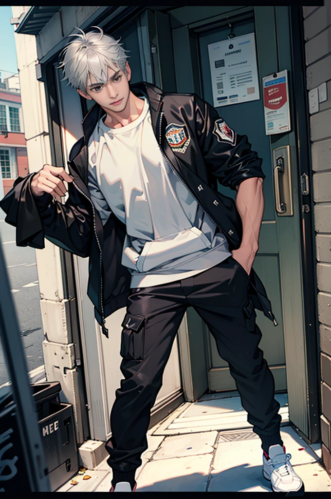 （tmasterpiece，Ultra-high resolution，16k uhd，high qulity），low tune，standing on your feet，looking at viewert，hoody，tmasterpiece，On the doorstep of the apartment，Delivery man，sitted，（Gray hair），Black eyes，ssmile，Seoul，（small heads），Tall man, Masculine face shape，Dregs，Precise anatomy，Precise hand structure，Delivery man's uniform，Delivery trucks，Holding a package in his hand，Unity 16K wallpaper，concept-art，One guy，8K eyeature male））），（short detailed hair），（photorealiscic face：1.8），broad shoulder，slips，（full bodyesbian：1.6），Male 18