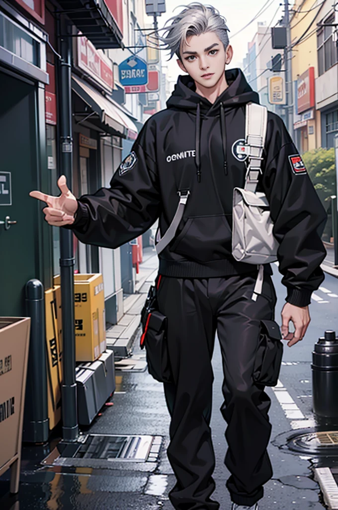 （tmasterpiece，Ultra-high resolution，16k uhd，high qulity），low tune，standing on your feet，looking at viewert，hoody，tmasterpiece，On the doorstep of the apartment，Delivery man，sitted，（Gray hair），Black eyes，ssmile，Seoul，（small heads），Tall man, Masculine face shape，Dregs，Precise anatomy，Precise hand structure，Delivery man's uniform，Delivery trucks，Holding a package in his hand，Unity 16K wallpaper，concept-art，One guy，8K eyeature male））），（short detailed hair），（photorealiscic face：1.8），broad shoulder，slips，（full bodyesbian：1.6），Male 18
