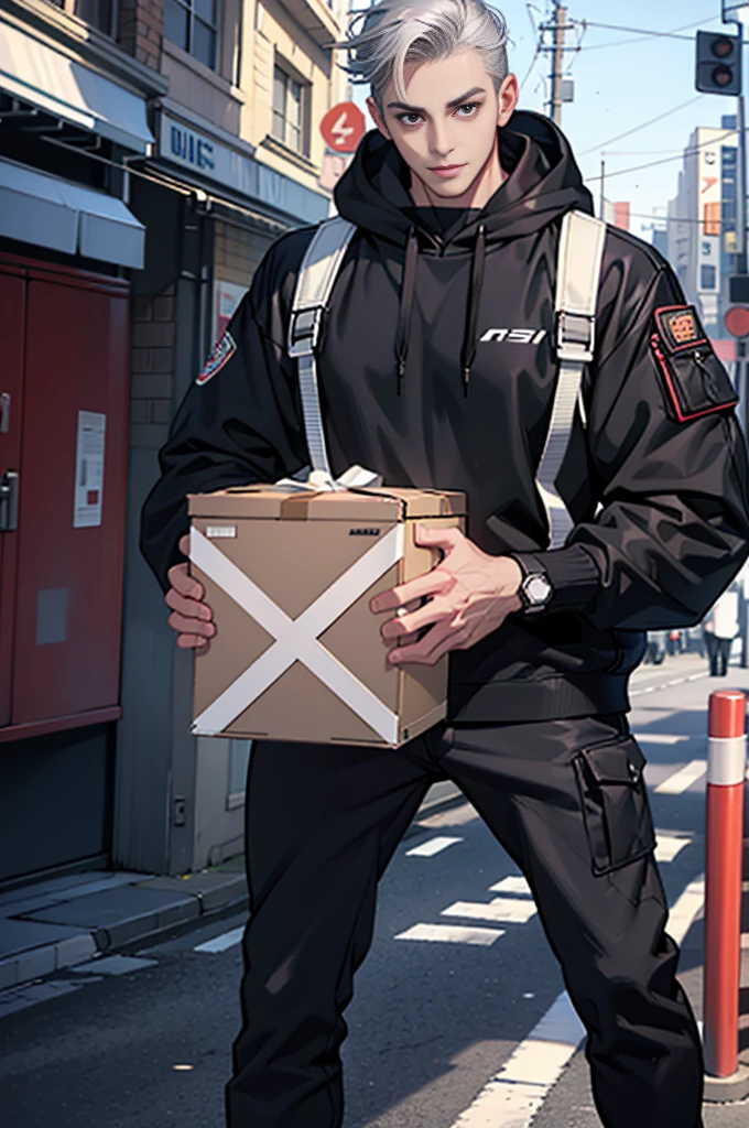 (tmasterpiece,Ultra-high resolution,16k uhd,high qulity),low tune,standing on your feet,looking at viewert,hoody,tmasterpiece,On the doorstep of the apartment,Delivery man,sitted,(Gray hair),Black eyes,ssmile,Seoul,(small heads),Tall man, Masculine face shape,Dregs,Precise anatomy,Precise hand structure,Delivery man's uniform,Delivery trucks,Holding a package in his hand,Unity 16K wallpaper,concept-art,One guy,8K eyeature male))),(short detailed hair),(photorealiscic face:1.8),broad shoulder,slips,(full bodyesbian:1.6),Male 18
