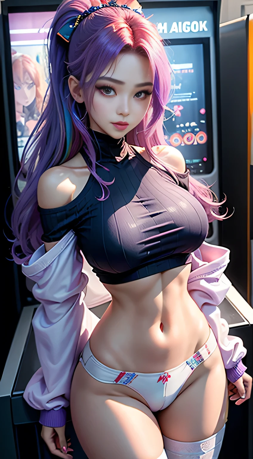 sfw, ((Masterpiece)), hands out of sight, best quality, absurderes, ultra detailed, holographic, cowboy shot, golden ratio, super cute girl, mature girl, super beautiful asian girl with very beautiful violet glowing eyes, beautiful glowing white multicolored hair, high ponytail, nice and sexy body, slim body, perfect body, wearing super tight anime printed mini boxers, an anime printed super tight off shoulder long sleeve crop top, buautiful hair ornament, super aesthetic transparent jacket, playing in an arcade machine, wearing bra,((skinny waist)), young asian girl, ((big breasted)),
