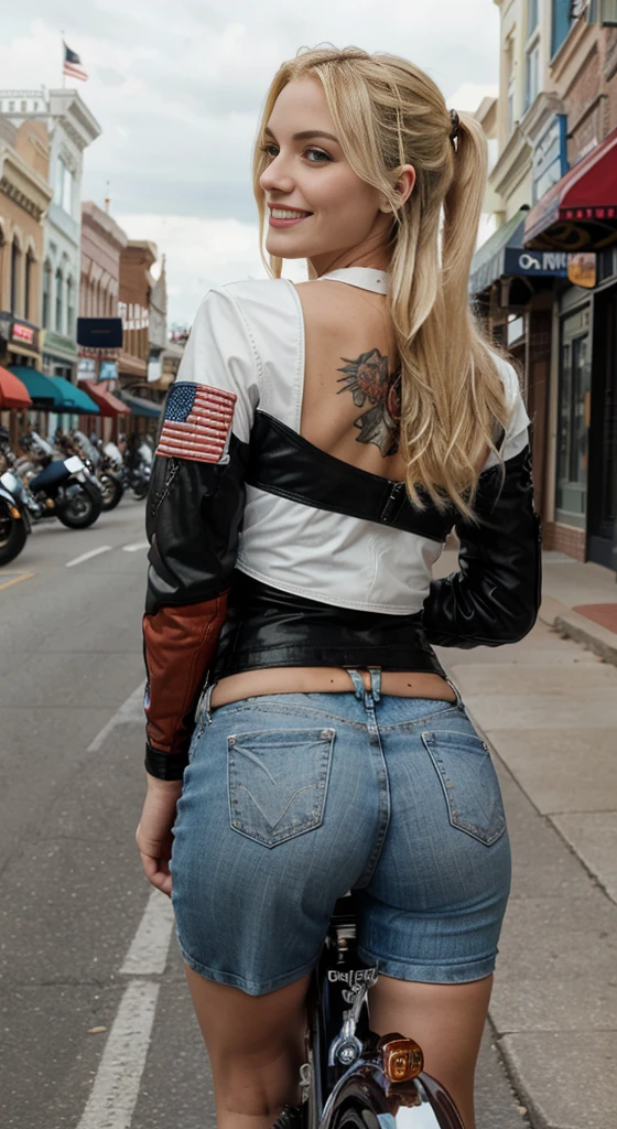 beautiful American, blonde Harley biker sits with her back to the camera in a full body shot in very sexy Harley biker clothing on a driving Harley Davidson and rides along Main Street Daytona sitting on the Harley, turning slightly and smiling into the camera. Main Street Daytona is unfocused in the background. A large USA flag can be seen on her clothing and a cool tattoo on her leg.