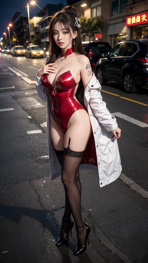 Full-body photo, The most cheap Chinese godness prostitute, streetwhore,streethooker,A very clear face,An open sexy coat,revealing Chinese whore outfit,black sexy stockings, tatto on the face and breast, Standing by the dirty roadside,soliciting clients on a night poor and dirty street, night, eye contact, looking at client,A sexy and teasing expression, masterpiece, best quality, perfect detail, perfect face detail, perfect eye detail, perfect skin detail, have to many man, perfect lighting,Breasts larger than torso。smooth and delicate woman。Sexy hot woman,cheap and sexy prostitute。Hairpin。whores cloth。full-body shot,High heel。Cultivation clothing。exposed。 Chinese cheap and sexy costumes。vintage sexy clothing。Fengguanxiapei。neck with a slave chain。camel toe。full-body shot。