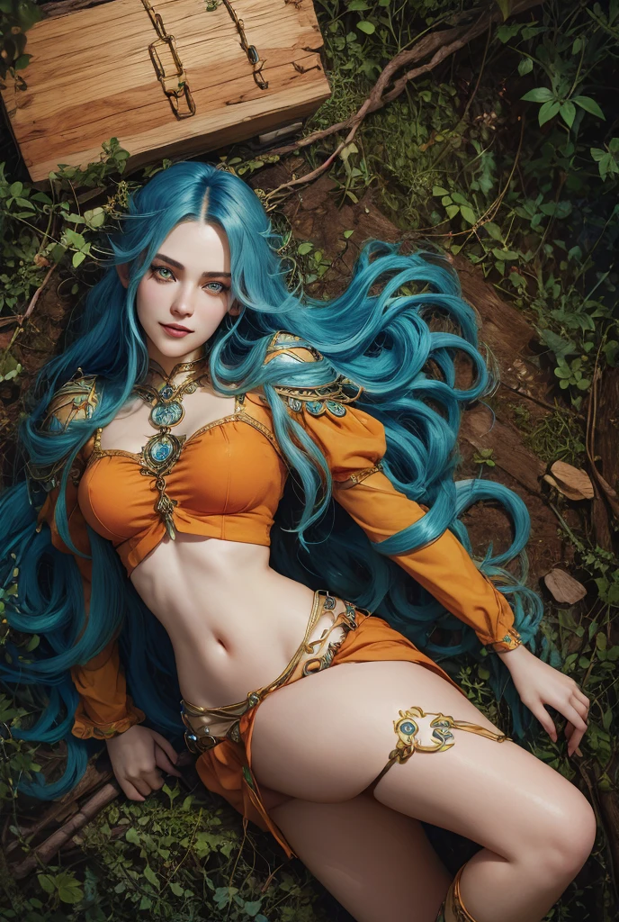 masterpiece, fulllength, perfect body, perfect face, blue hair, orange clothing, long braided hair, fantasy character, druid, wood elf, perfect breasts, slim, thighs, midriff, green eyes, magical, smiling, magical,