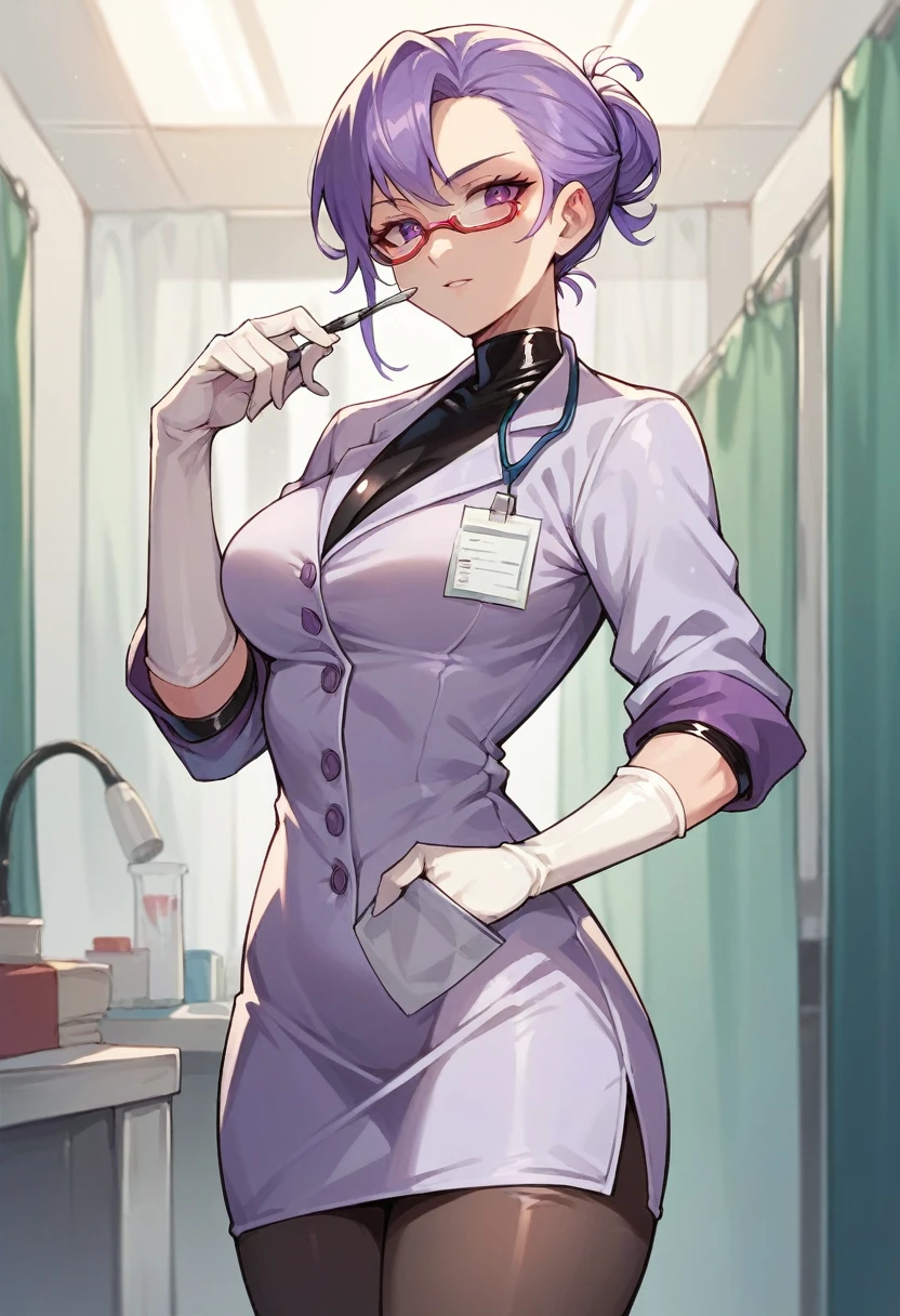 1girl, ((white elbow gloves)), ((surgical gloves)), ((latex gloves)), ((purple doctor outfit)), looking at viewer, ((doctor)), ((long sleeves)), standing, solo