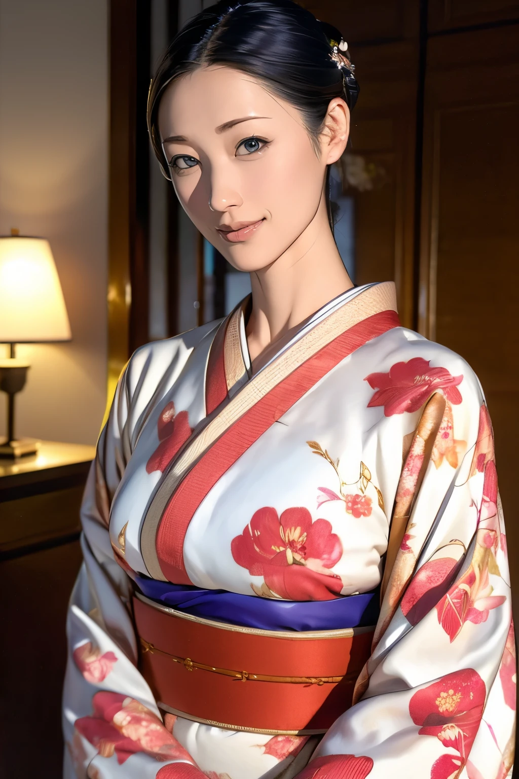 (Highest quality、Tabletop、Best image quality、Award-winning works)、 The proprietress of a beautiful inn、(A beautiful kimono with an elegant and gorgeous floral pattern:1.3)、Perfect female portrait photography、Glowing Skin、Standing Elegantly、(Blurred background of elegant bedroom in luxury hotel:1.3)、(Luxury bedroom:1.1)、(The most romantic and moody warm lighting:1.1)、(Tyndall effect:1.2)、Great cinema lighting、Glowing Skin、smile、(Large Breasts:1.1)、(Voluptuous body:1.1)、Accentuate your body lines、Upper body photo、Chignon、smile