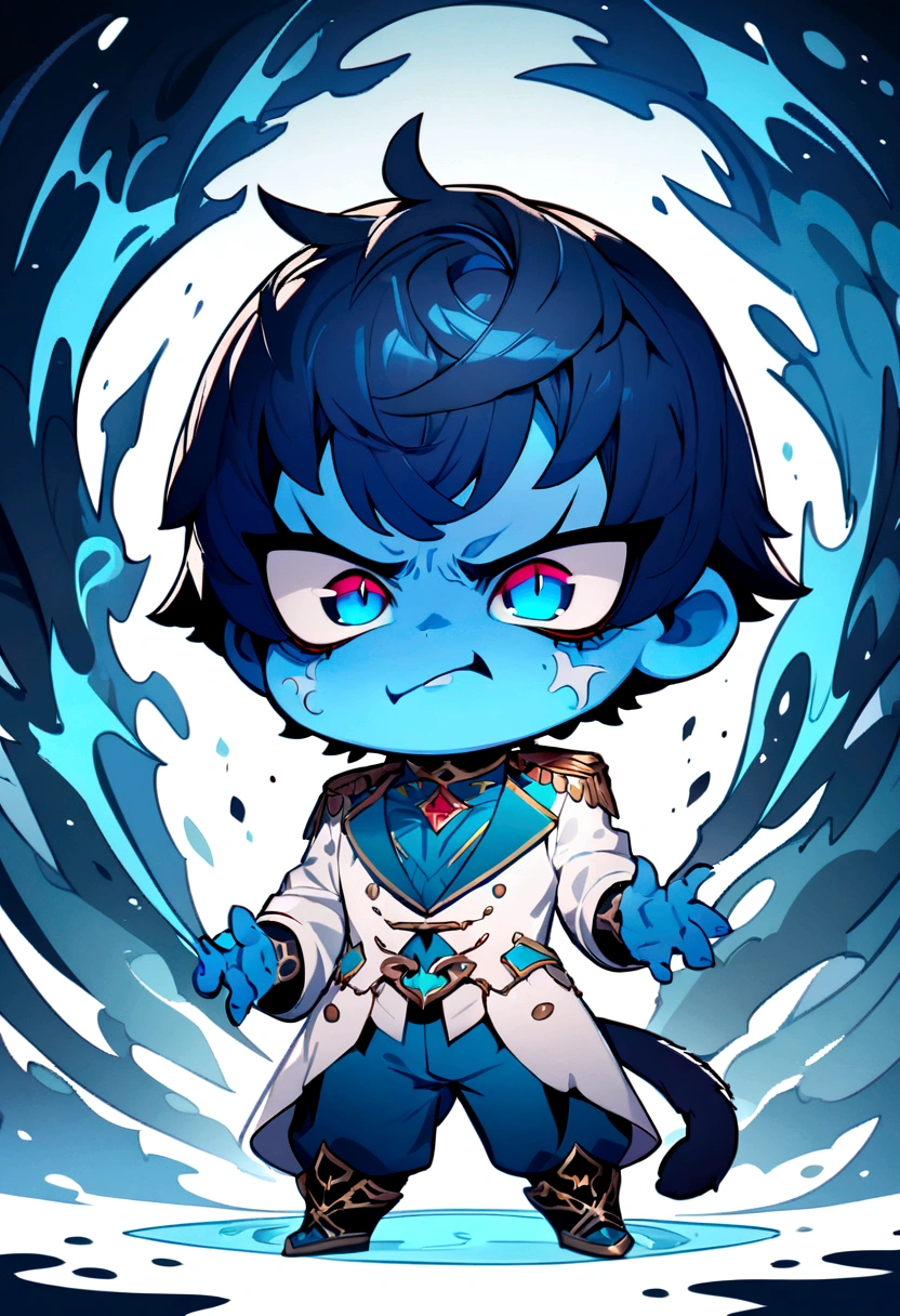 boy, full body, cartoon style, chibi style, cute, monkey tail, beautiful face, angry face, blue color eye, beautiful eye, high detailed pupil, double eyeylid, high detailed skin, high quality skin, blue color hair, very short hair, white clothes, masterpiece,