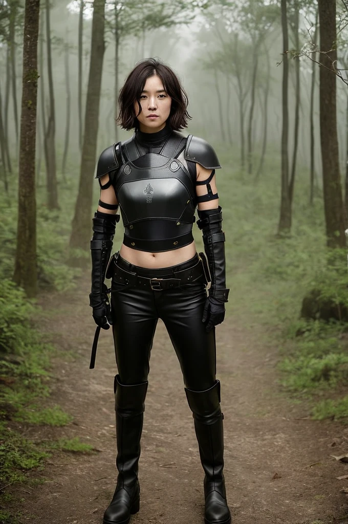 You are a professional photographer。 , short hair blown by the wind. The woman is wearing leather boots and leather gear. , One girl, alone, armor, chest, arms、in a foggy forest、Dark Sky、Cute face、perfection、darkness、chestの谷間、Abdominal muscles、assassin、Morning haze