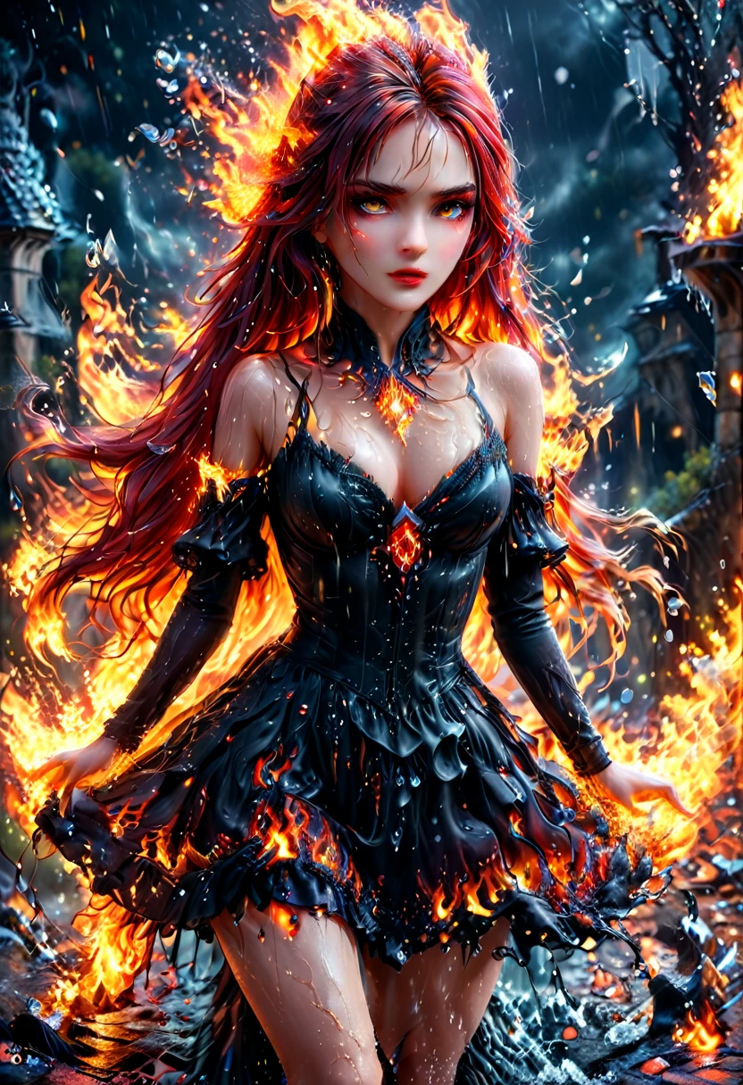 a sorceress of fire making fire dance in a the (storm of rain: 1.3), a most exquisite beautiful sorceress, controlling fire manipulating fire, a woman, dynamic hair color, dynamic hair style, (most beautiful face: 1.3), (ultra detailed face: 1.2), wet hair, wet face, dynamic eyes color, full body shot, wearing dress made of fire, wearing intricate high heels, light make up, dancing in courtyard of a fantasy castle background, ((heavy rain drops: 1.1)), clouds in the sky, (anatomically correct: 1.4), (full body shot: 1.1) , vibrant, Ultra-high resolution, High Contrast, (masterpiece:1.5), highest quality, Best aesthetics), best details, best quality, highres, ultra wide angle, 16k, [ultra detailed], masterpiece, best quality, (extremely detailed), faize, Intense gaze, goth person