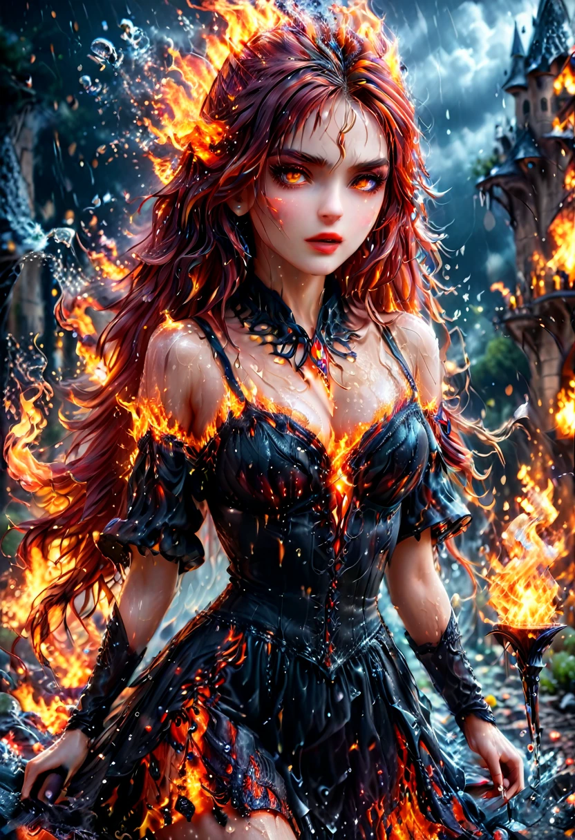 a sorceress of fire making fire dance in a the (storm of rain: 1.3), a most exquisite beautiful sorceress, controlling fire manipulating fire, a woman, dynamic hair color, dynamic hair style, (most beautiful face: 1.3), (ultra detailed face: 1.2), wet hair, wet face, dynamic eyes color, full body shot, wearing dress made of fire, wearing intricate high heels, light make up, dancing in courtyard of a fantasy castle background, ((heavy rain drops: 1.1)), clouds in the sky, (anatomically correct: 1.4), (full body shot: 1.1) , vibrant, Ultra-high resolution, High Contrast, (masterpiece:1.5), highest quality, Best aesthetics), best details, best quality, highres, ultra wide angle, 16k, [ultra detailed], masterpiece, best quality, (extremely detailed), faize, Intense gaze, goth person