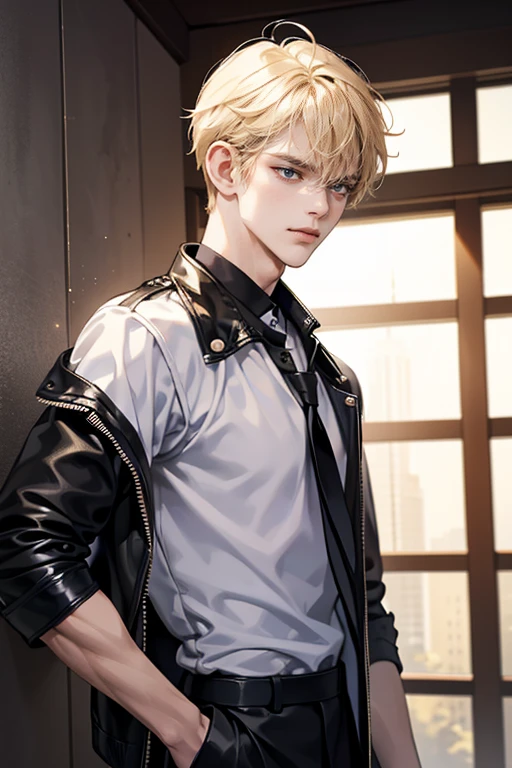 (tmasterpiece, high resolution, ultra - detailed:1.0), (1 boy, Young male, masculine face), Perfect male body, Adult male, Delicate eyes and delicate face, Extremely detailed CG, Unity 8k wallpaper, Complicated details, Detailed face, (blond hair, messy hair, serious faces, white T-shirt,Bad students), (frown,evil smile:1.3), hand in pocket, school corridor,black leather jacket, color difference, Depth of field, dramatic shadow, Ray tracing, Best quality, Cinematic lighting, offcial art,Portrait