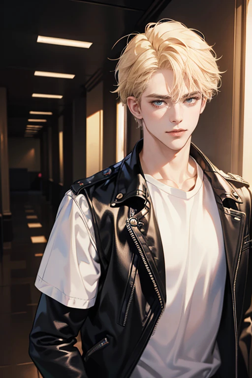 (tmasterpiece, high resolution, ultra - detailed:1.0), (1 boy, Young male, masculine face), Perfect male body, Adult male, Delicate eyes and delicate face, Extremely detailed CG, Unity 8k wallpaper, Complicated details, Detailed face, (blond hair, messy hair, serious faces, white T-shirt,Bad students), (frown,evil smile:1.3), hand in pocket, school corridor,black leather jacket, color difference, Depth of field, dramatic shadow, Ray tracing, Best quality, Cinematic lighting, offcial art,Portrait
