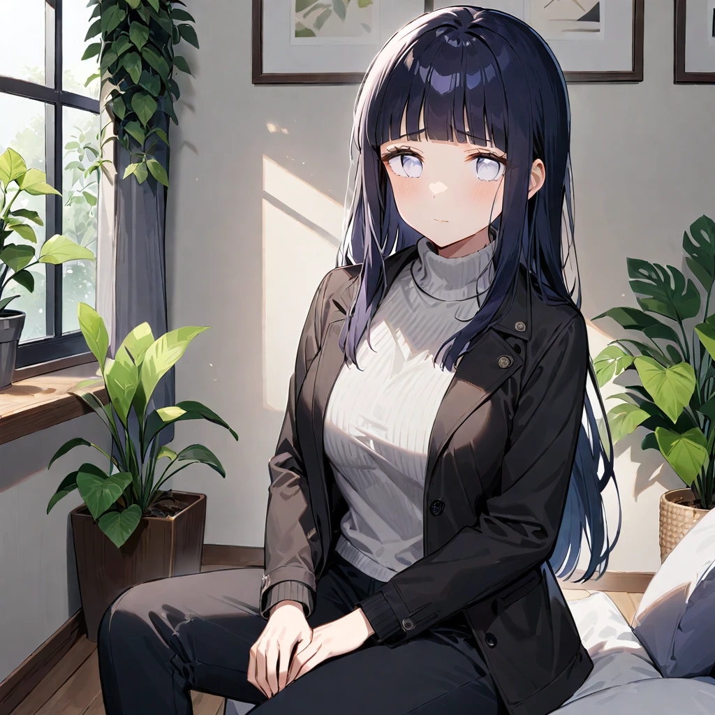1girl, hyuuga hinata, solo, long hair, black hair, bangs, looking at viewer, pants, sweater, blunt bangs, turtleneck, white eyes, indoors, breasts, turtleneck sweater, jacket, white sweater, sitting, grey eyes, black pants, closed mouth, plant, long sleeves, straight hair, black jacket, open clothes, cowboy shot, ((medium quality)), ((medium quality))