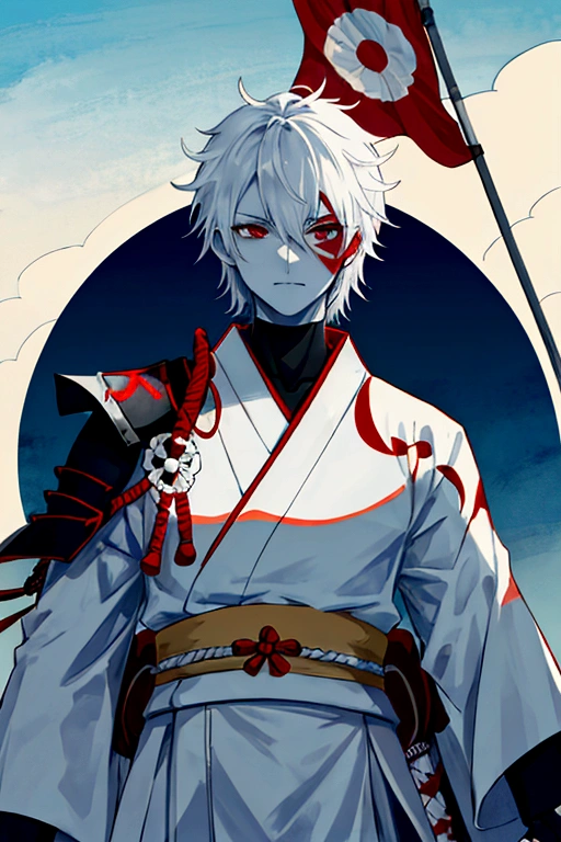 male character,White skin,((red front)),Samurai warrior,detailed shadows on the body,holding a flag of black and white lines,background of a relief of a Japanese mountain,blue sky,yellow sun,ground full of vegetation