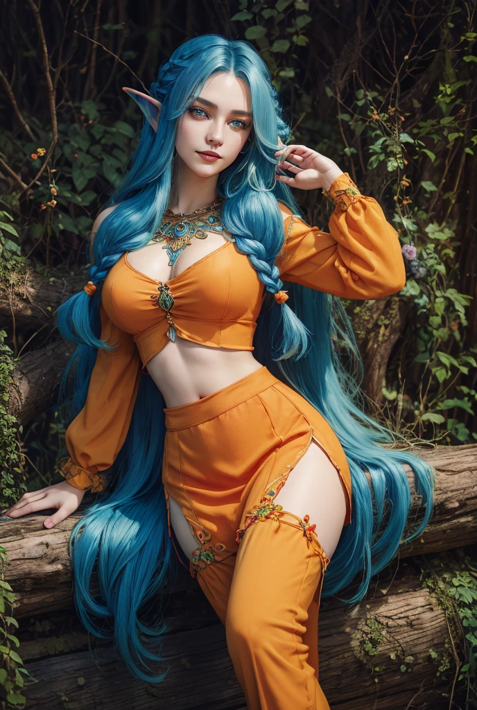 masterpiece, fulllength, perfect body, perfect face, blue hair, orange clothing, long braided hair, fantasy character, druid, wood elf, perfect breasts, slim, thighs, midriff, green eyes, magical, smiling, magical,