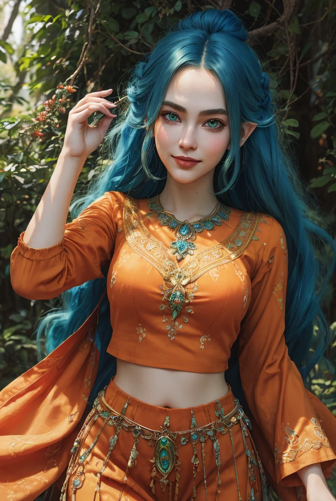 masterpiece, fulllength, perfect body, perfect face, blue hair, orange clothing, long braided hair, fantasy character, druid, wood elf, perfect breasts, slim, thighs, midriff, green eyes, magical, smiling, magical,
