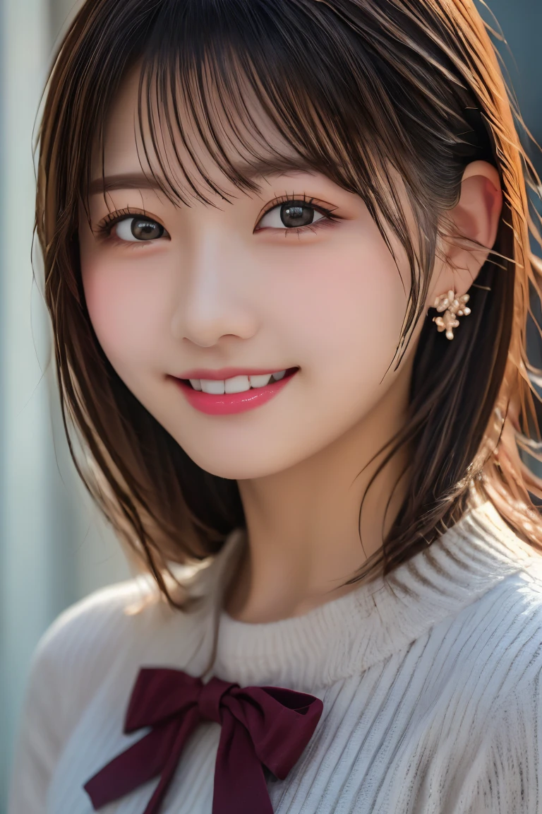 Highest quality, (beautiful)、Brown Hair、School Ribbon、Close-up、smile、looking at the camera、Big