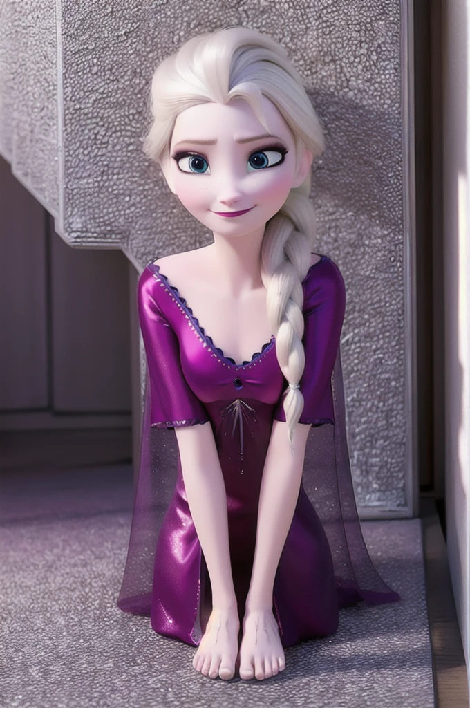 elsa \(frozen\) in the corridor of the library, looking at viewer,smirking,Elsa's Purple Nightgown,upper body,single braid, worm light,upper body,   incredibly absurdres,ultra-detailed, wallpaper,realistic,photorealistic,raw photo,masterpiece,best quality, barefoot, feet, toes, soles, feet up, 