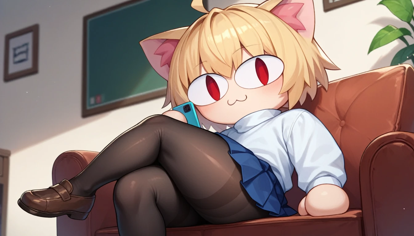 score_9, score_8_up, score_7_up, score_6_up, score_5_up, score_4_up, BREAK, 1boy, solo, necoarc, lit pupils, cat ears, blonde hair, red eyes, :3, turtleneck, blue skirt, pleated skirt, pantyhose, brown footwear, highlight thighs, thick thighs, looking at the viewer, sitting in a chair, in the living room, with a phone in hand