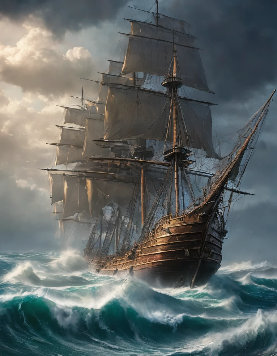 пиратский Ship в океане на фоне скалистого острова, matte painting by Howard Lyon, winner of the polyaccount competition, Fantasy art, Ship, lost in a storm, in rough seas with big waves, Ships with sails, dramatic nautical scene, Highly detailed 4K digital art, готический Ship в океане, Ship в море, awesome wallpaper, старый пиратский Ship