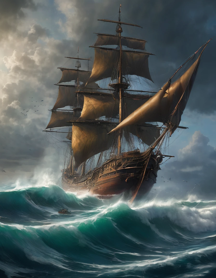 пиратский Ship в океане на фоне скалистого острова, matte painting by Howard Lyon, winner of the polyaccount competition, Fantasy art, Ship, lost in a storm, in rough seas with big waves, Ships with sails, dramatic nautical scene, Highly detailed 4K digital art, готический Ship в океане, Ship в море, awesome wallpaper, старый пиратский Ship