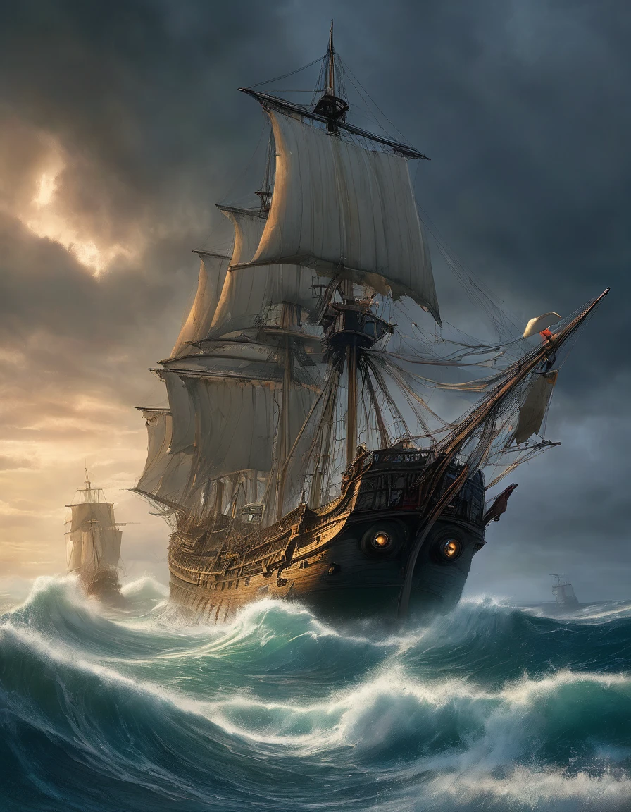 пиратский Ship в океане на фоне скалистого острова, matte painting by Howard Lyon, winner of the polyaccount competition, Fantasy art, Ship, lost in a storm, in rough seas with big waves, Ships with sails, dramatic nautical scene, Highly detailed 4K digital art, готический Ship в океане, Ship в море, awesome wallpaper, старый пиратский Ship