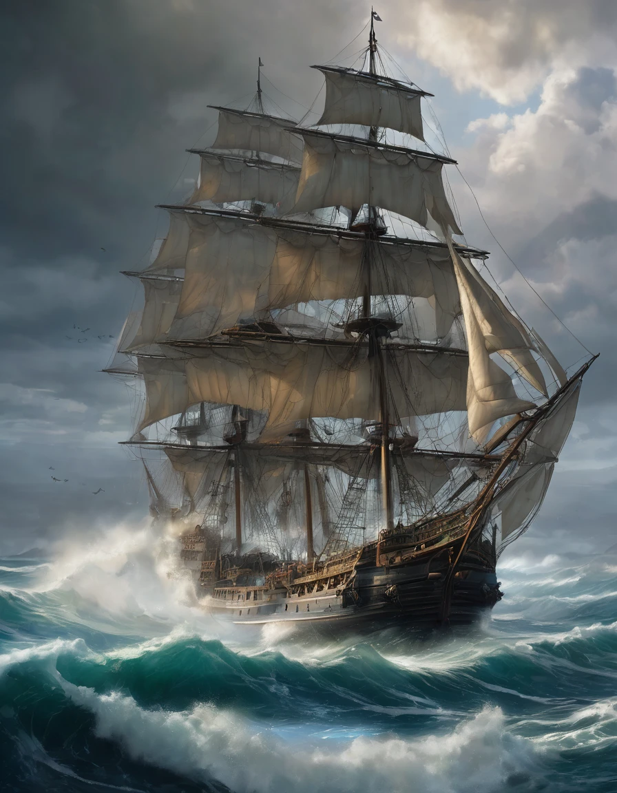 пиратский Ship в океане на фоне скалистого острова, matte painting by Howard Lyon, winner of the polyaccount competition, Fantasy art, Ship, lost in a storm, in rough seas with big waves, Ships with sails, dramatic nautical scene, Highly detailed 4K digital art, готический Ship в океане, Ship в море, awesome wallpaper, старый пиратский Ship