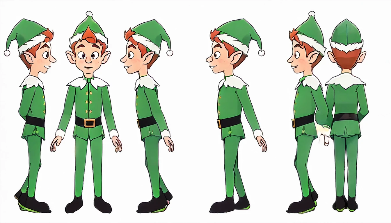 1 male Christmas elf,T Pose Front view,frond an side, multiple views, front and side beautiful, masterpiece, best quality, perfect lighting,8k,simple white background ,SFW.