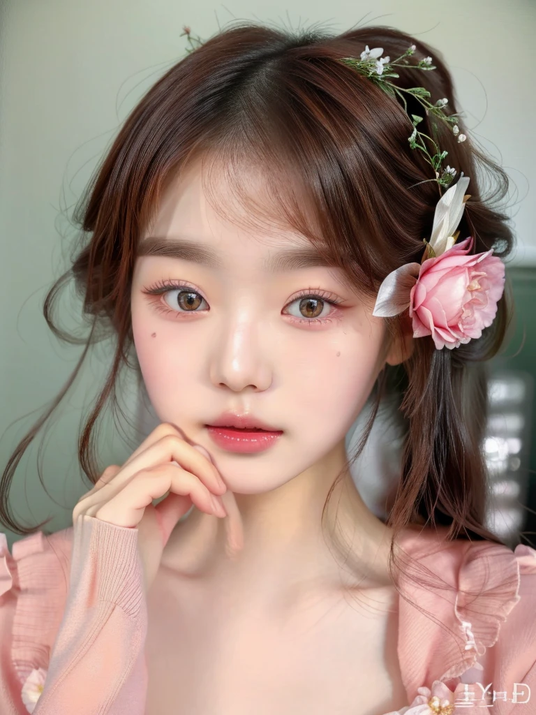 a close-up of a young woman with a flower in her hair, young lovely korean face, popular south Korean makeup, ulzzang, adorable and pale korean face, popular korean makeup, beautiful aesthetic face, with a cute face - beautiful, lindo rosto delicado, kawaii realistic portrait, Jinyoung Shin, Soft makeup, Sakimichan, cute natural anime face