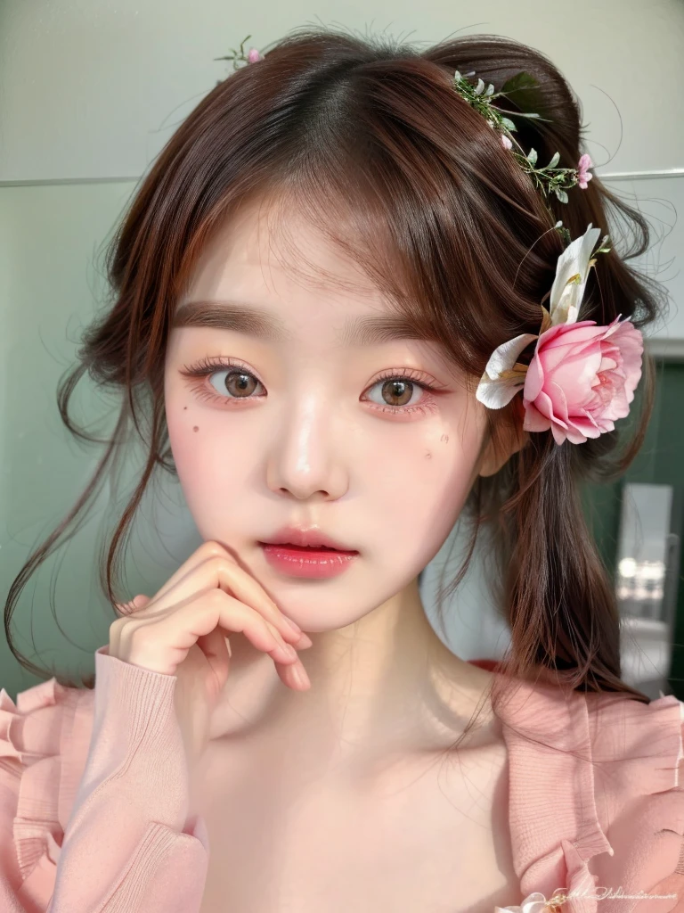 a close-up of a young woman with a flower in her hair, young lovely korean face, popular south Korean makeup, ulzzang, adorable and pale korean face, popular korean makeup, beautiful aesthetic face, with a cute face - beautiful, lindo rosto delicado, kawaii realistic portrait, Jinyoung Shin, Soft makeup, Sakimichan, cute natural anime face