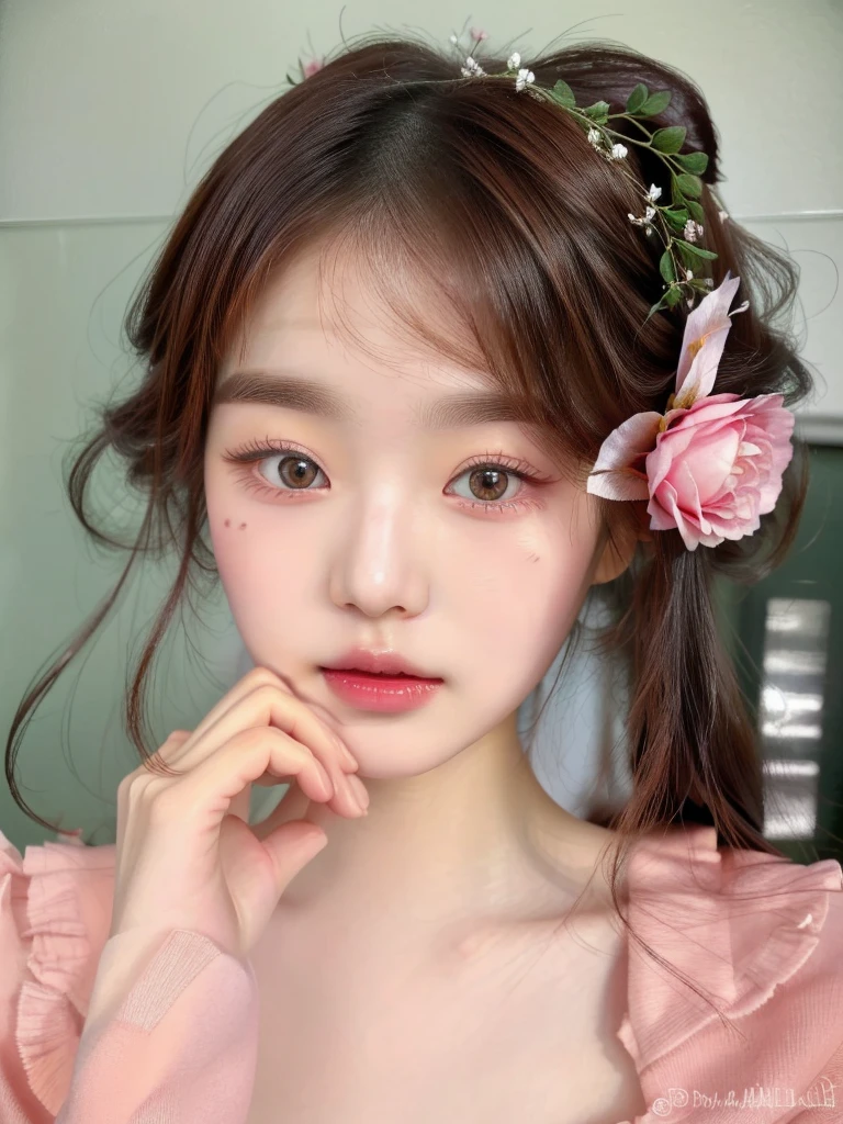 a close-up of a young woman with a flower in her hair, young lovely korean face, popular south Korean makeup, ulzzang, adorable and pale korean face, popular korean makeup, beautiful aesthetic face, with a cute face - beautiful, lindo rosto delicado, kawaii realistic portrait, Jinyoung Shin, Soft makeup, Sakimichan, cute natural anime face