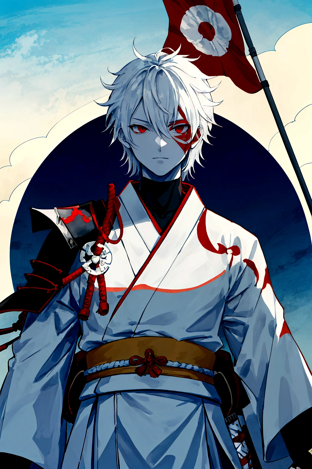 male character,White skin,((red front)),Samurai warrior,detailed shadows on the body,holding a flag of black and white lines,background of a relief of a Japanese mountain,blue sky,yellow sun,ground full of vegetation