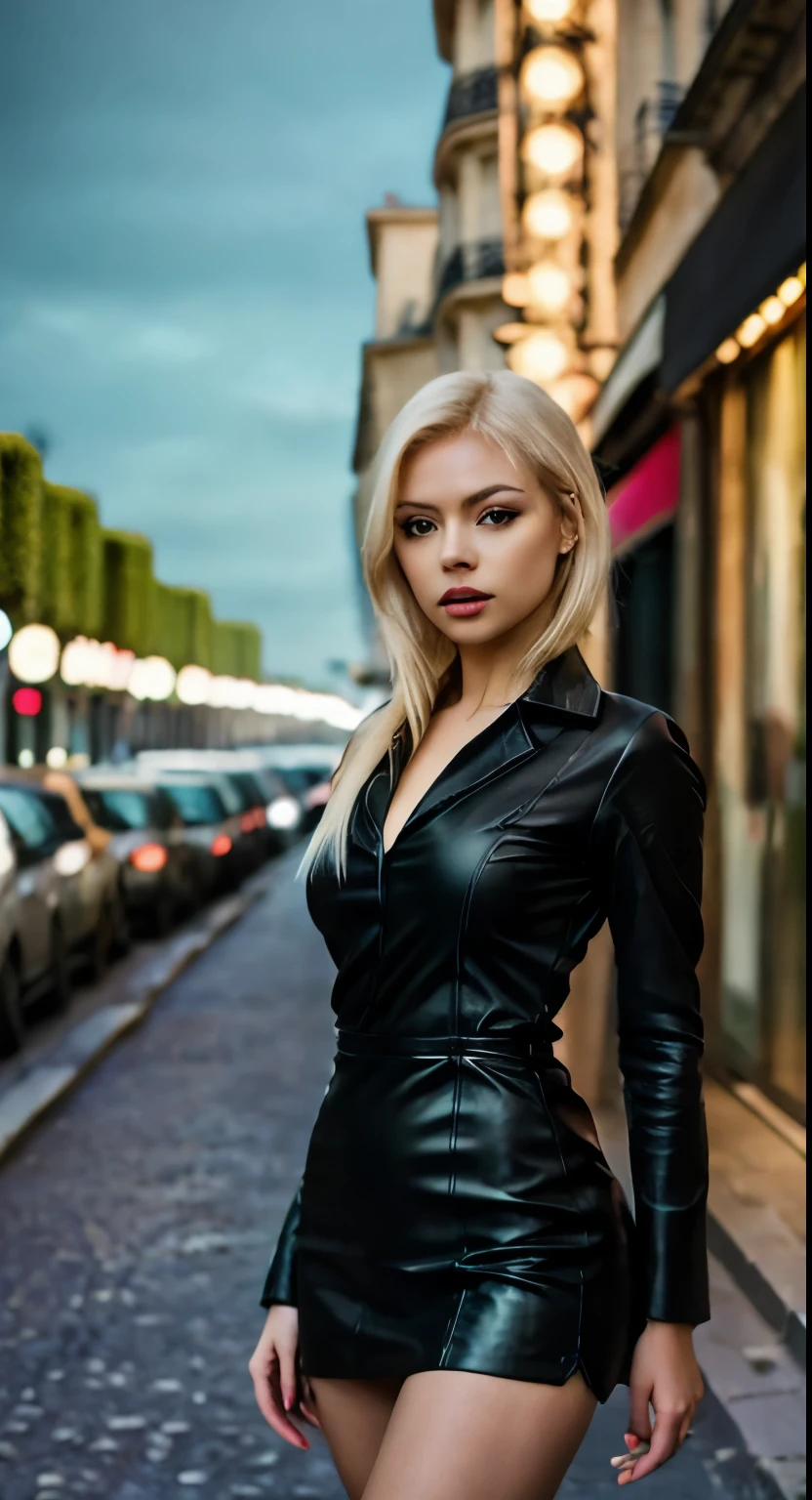 1girl, blonde hair, black leather one piece micro minidress, thigh high black leather platform boots, walking in Paris, detailed facial features, beautiful detailed eyes, beautiful detailed lips, extremely detailed face, long eyelashes, elegant pose, photorealistic, 8k, high quality, hyperdetailed, masterpiece, studio lighting, physically-based rendering, vivid colors, dramatic lighting, moody atmosphere, cinematic feel
