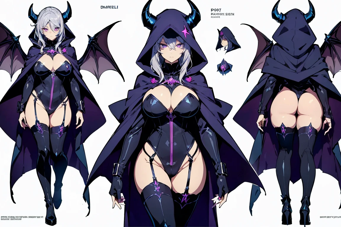 concept art, video game concept art, hentai game, anime, full body, best quality, masterpiece, maximum detail, high resolution, (((anime))), (((waifu))), (((hentai))), perfect anatomy, from the front, detailed background, High quality, incredible details, absurd res, full shot, ambient lighting, illuminated, female, (CharacterSheet:1), (multiple views, full body, upper body, reference sheet:1)
Character with the following traits:
Species(Succubus)
Age(500 years)
Gender(Female)
Occupation(Succubus wizard)
Height(190 cm tall)
Hair(Bobcut, wavy, dark purple)
Skin(Smooth, pale)
Face(Big eyes, pink eyes, full lips, small nose)
Physical features(Curvy, full thighs, huge tits, big ass, large purple demonic wings, extremely big purple demonic tail, silver horns)
Outfit(Hooded dark blue cape, dark blue corset with silver outlines, dark blue boots, dark blue gloves)
Personality(Sadistic, Intelligent, Perverted, Evil, Prideful)