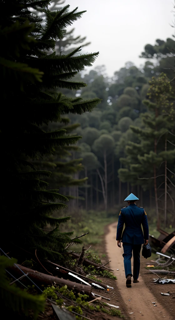 Image of a muscular Cyborg Man walking forward, in a thicket in the forest of Vietnam, wreckage of bodies on the ground, small helicopters in the sky, small American soldiers in the background.