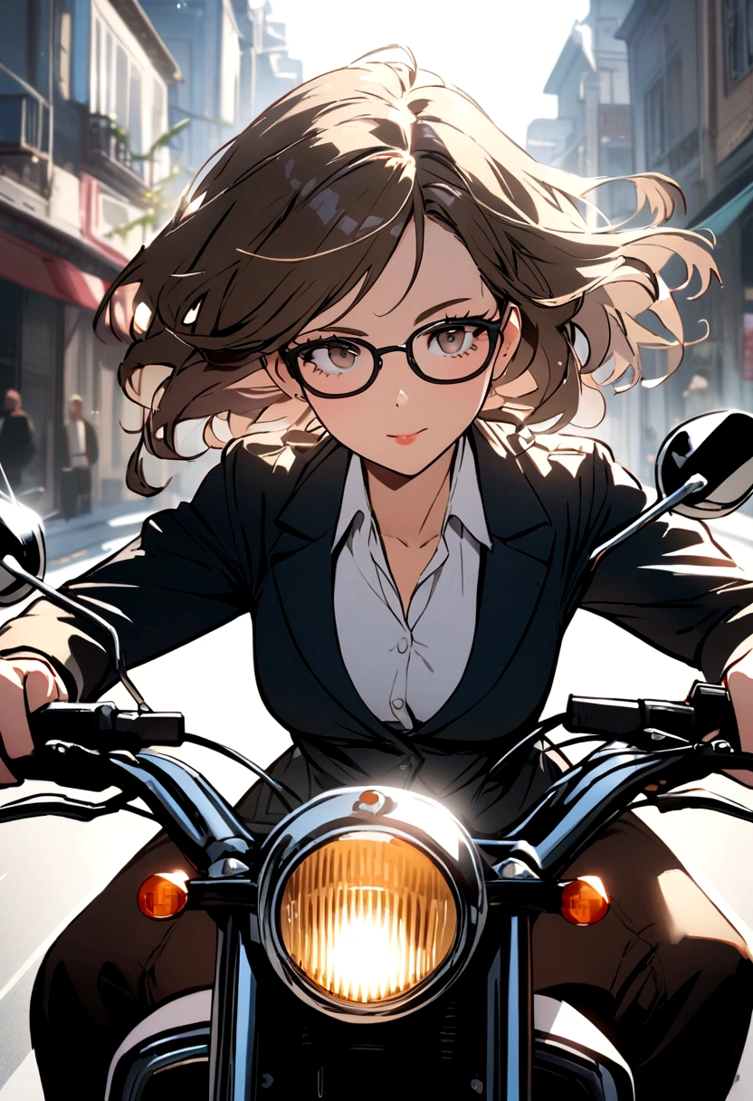 Brunette girl , on a motorcycle with glasses