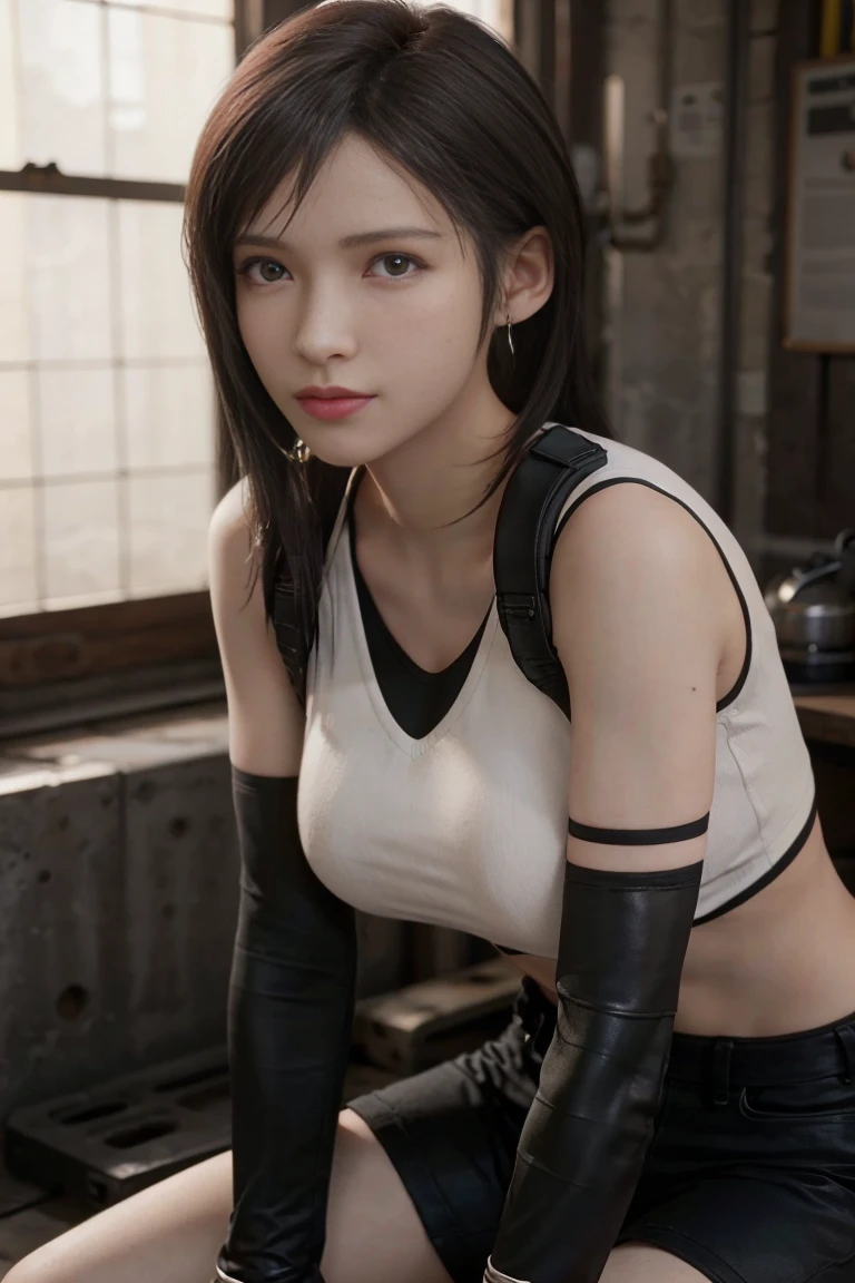 (masterpiece), (Top image quality), 8K resolution, Ultra-detail, Ultra-detail, Realism, (1girl in), Tifa, Final Fantasy, Tifa lockhart, rays of sunshine, cinematic, Cool Pose, Concrete walls,metal pipes,The description of Red Eye App,Detailed double eyelids,short-hair、Dark brown color,slender,Model body type,no-makeup、Bust Bcups