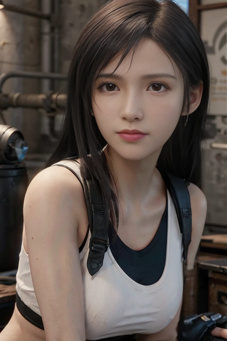 (masterpiece), (Top image quality), 8K resolution, Ultra-detail, Ultra-detail, Realism, (1girl in), Tifa, Final Fantasy, Tifa lockhart, rays of sunshine, cinematic, Cool Pose, Concrete walls,metal pipes,The description of Red Eye App,Detailed double eyelids,short-hair、Dark brown color,slender,Model body type,no-makeup、Bust Bcups