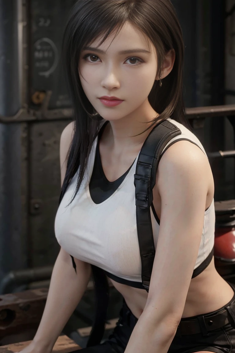 (masterpiece), (Top image quality), 8K resolution, Ultra-detail, Ultra-detail, Realism, (1girl in), Tifa, Final Fantasy, Tifa lockhart, rays of sunshine, cinematic, Cool Pose, Concrete walls,metal pipes,The description of Red Eye App,Detailed double eyelids,short-hair、Dark brown color,slender,Model body type,no-makeup、Bust Bcups