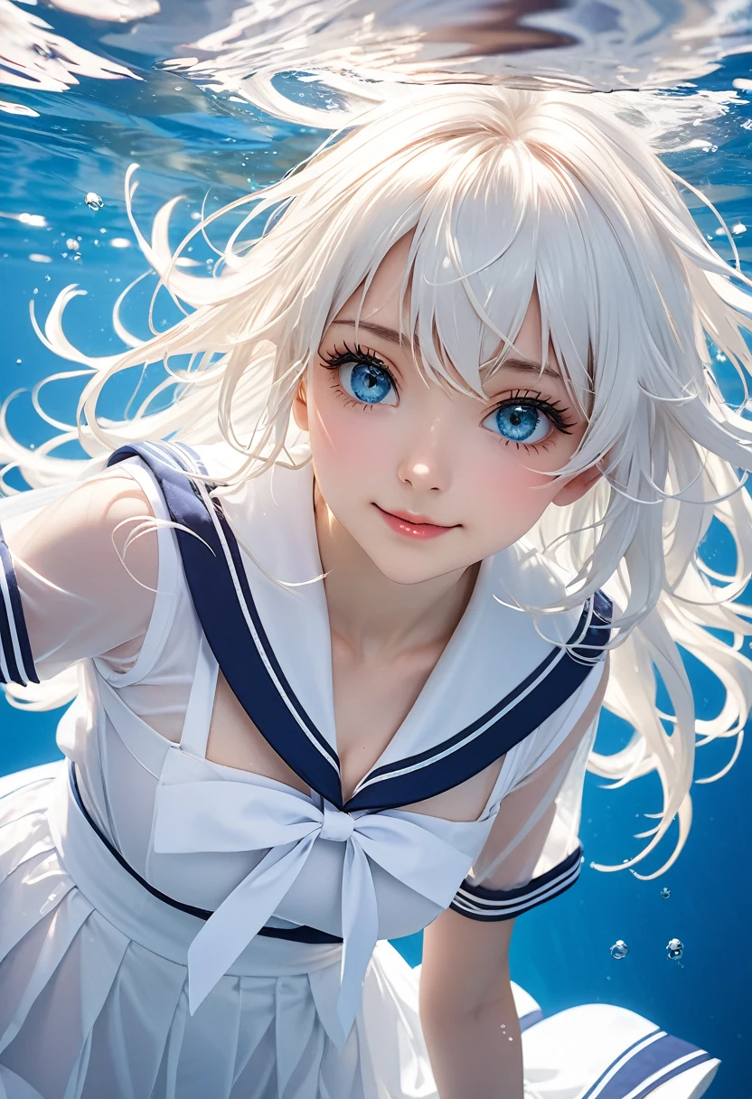 (transparentes:1.3),White Seraphim,sailor dress, white theme,schoolar uniform, sailorsuit, gazing at viewer, insanitya, long messy hair, beautiful detailed eyes,Hair shines,dramatic angle,blue sailor collar, perky breasts,drlight smile,partially underwater shot...