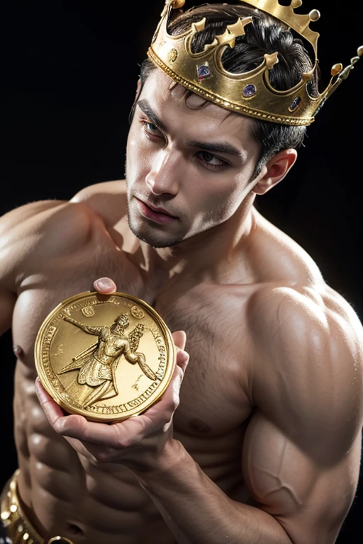 king of gold tarot man polish bodybuilder realistic 3d two gold coin