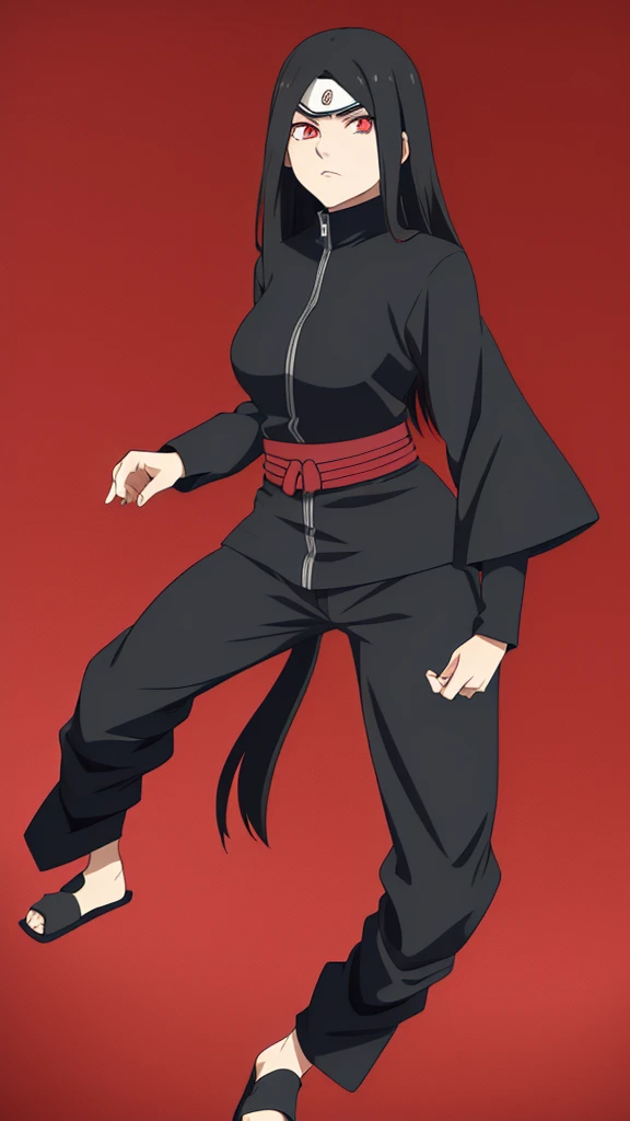 Girl, Long black hair, Sharingan eyes, black turtleneck, Black pants, Naruto-style ninja outfit, jutsu pose