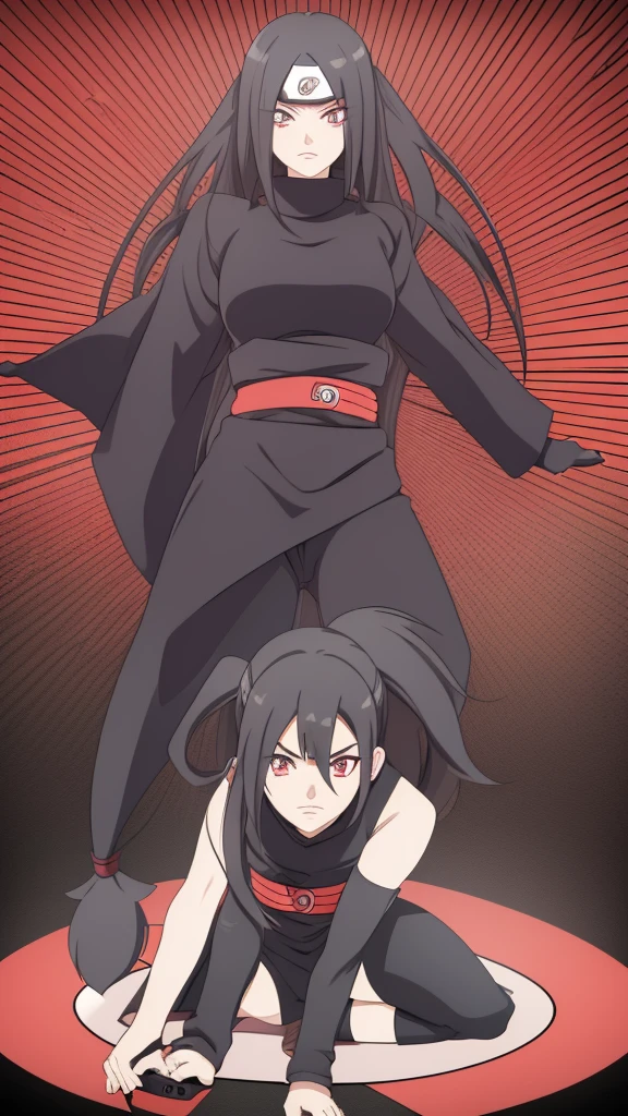 Girl, Long black hair, Sharingan eyes, black turtleneck, Black pants, Naruto-style ninja outfit, jutsu pose