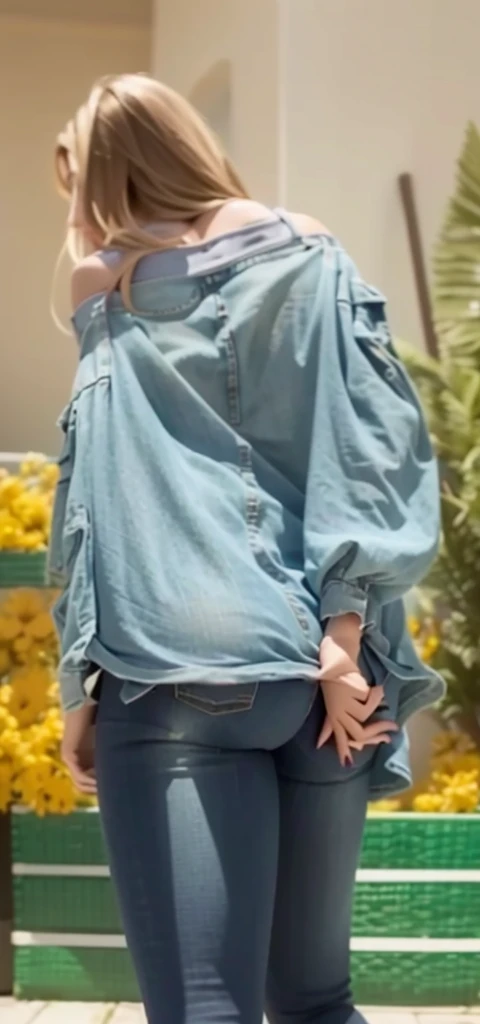 large waist, Blue eyes, Giant donkey, Big Lips puts her hand on her ass wearing tight jeans, back view