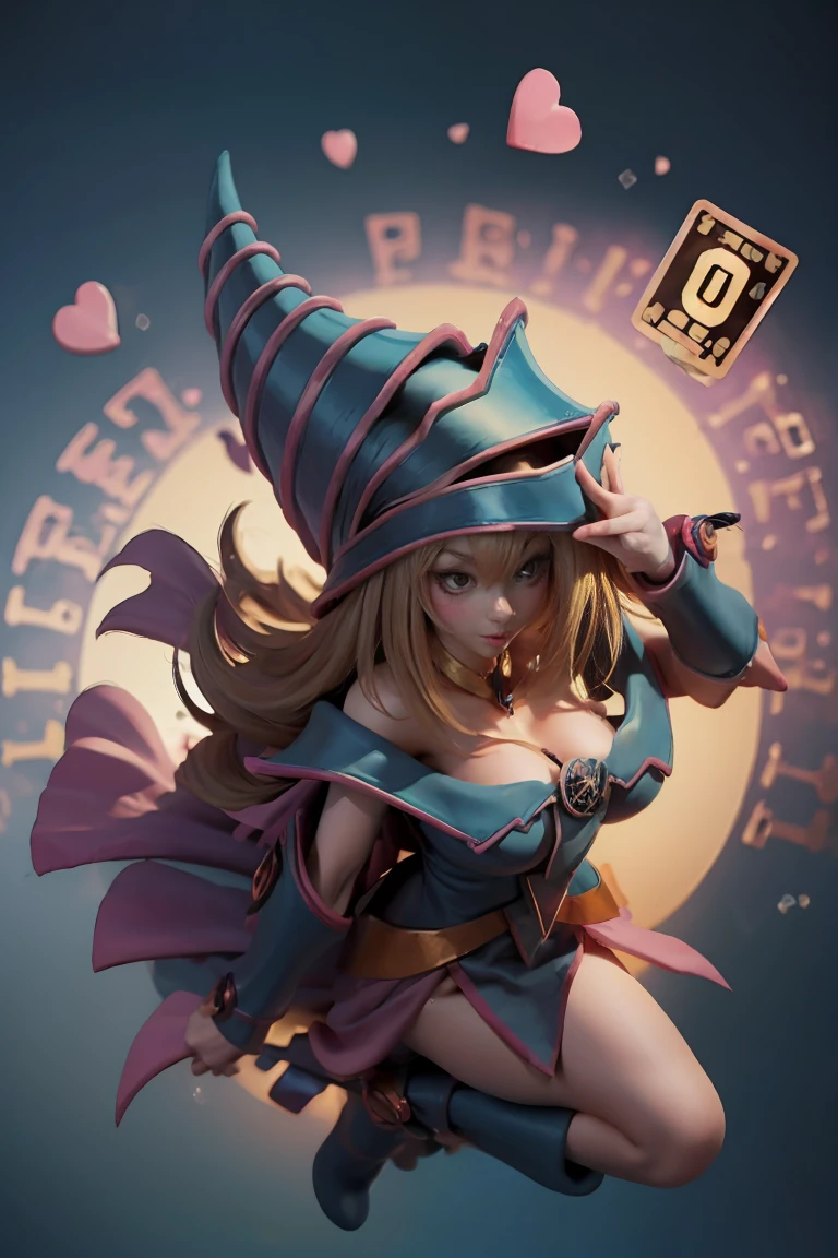 (Masterpiece:1.2), (The best quality:1.2), perfect lighting, Dark Magician Girl casting a spell, floating in the air, big tits, neckline, magic background. Transparent hearts in the air, blue robe, big hat, From above, sparkles, Yugioh Card in the background. In heels and a bikini