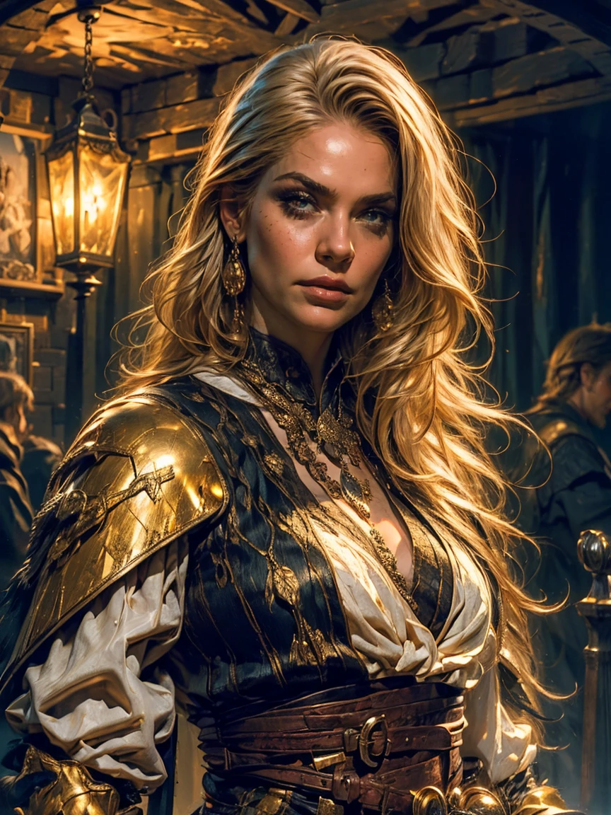 1 woman, inside a medieval castle, wearing a medieval black feather coat, detailed facial features, golden and feminine eyes, literally detailed gold skin, long shiny gold hair, vengeful expression, dramatic lighting, cinematic composition, cold and cool color palette, atmospheric fog, thin chin, (best quality, 4K, 8K, high resolution, art: 1.2), ultra-detailed, (realistic, photorealistic, photorealistic: 1.37)