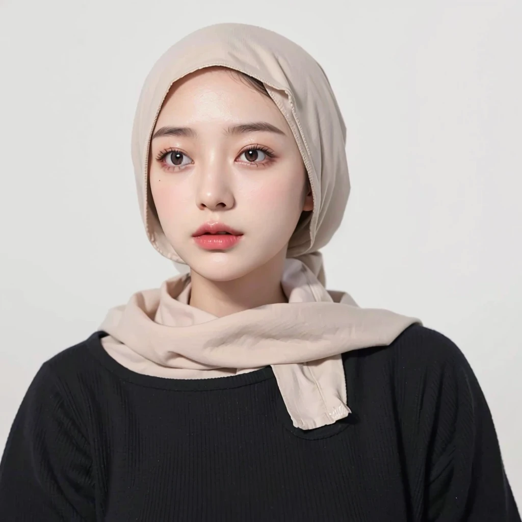 (Best quality, 8k, 32k, Masterpiece, UHD:1.2),Photo of Pretty Japanese hijab woman, large breasts, oversize crew shirt. hijab woman long scarft