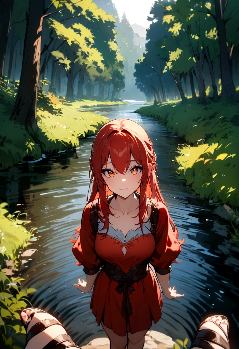 masterpiece, best quality, 1girl, red and gold eyes, red long hair, (standing:1.1), (forest:1.1), pov, perfect eyes, arms at sides, river, portrait, full body, smile, heeled sandals, beautiful landscape, trees